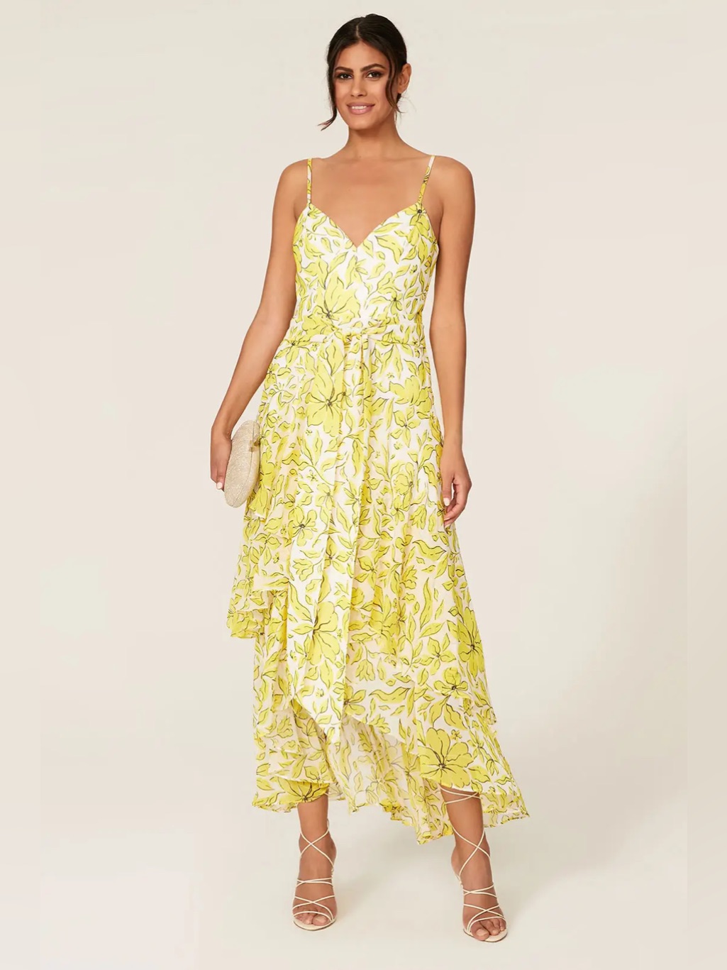 Badgley Mischka Yellow And White Floral Wrap Maxi Dress